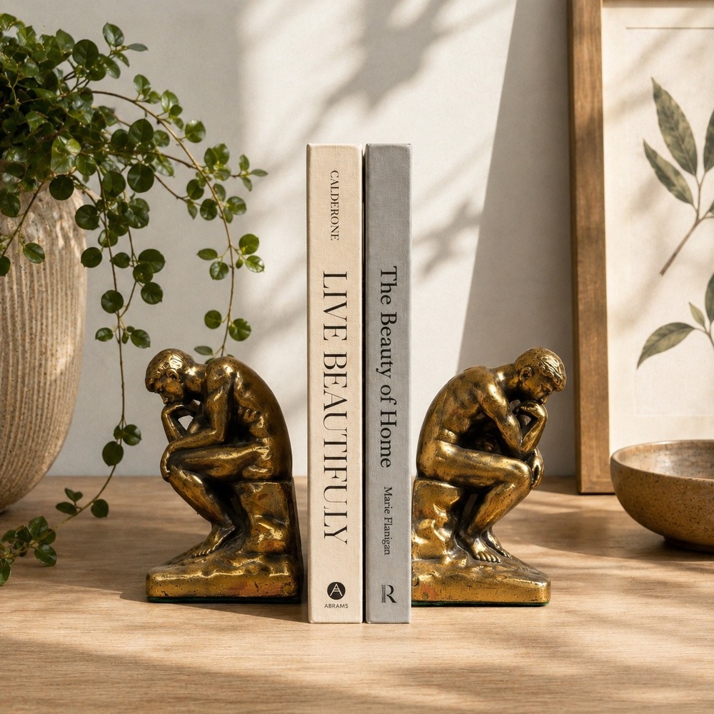 Vintage The Thinker Bookends Gold Metallic Rodin Sculpture‎ Library Decor Set
